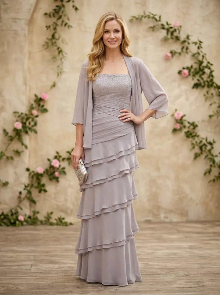 Loverlm light gray Mother of the Bride dress with square neckline embellished bodice ruched waist chiffon jacket and tiered floor-length skirt