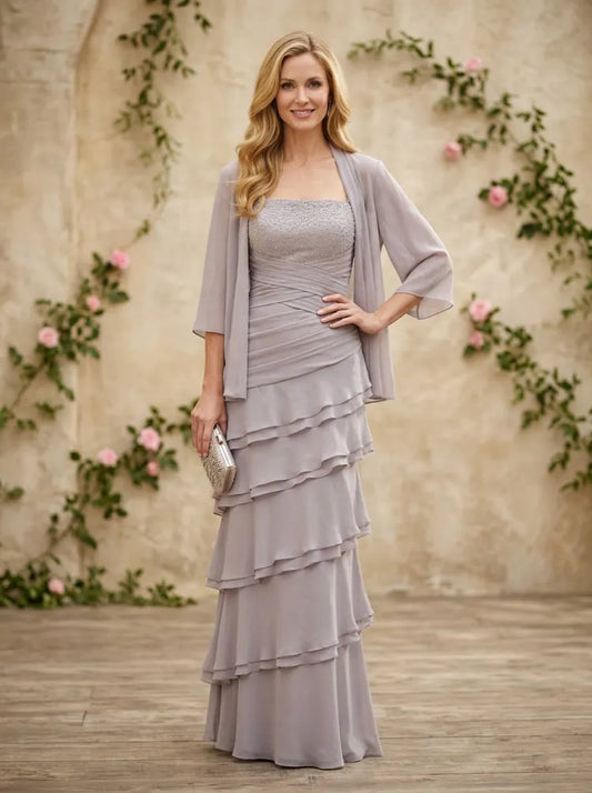 Loverlm light gray Mother of the Bride dress with square neckline embellished bodice ruched waist chiffon jacket and tiered floor-length skirt