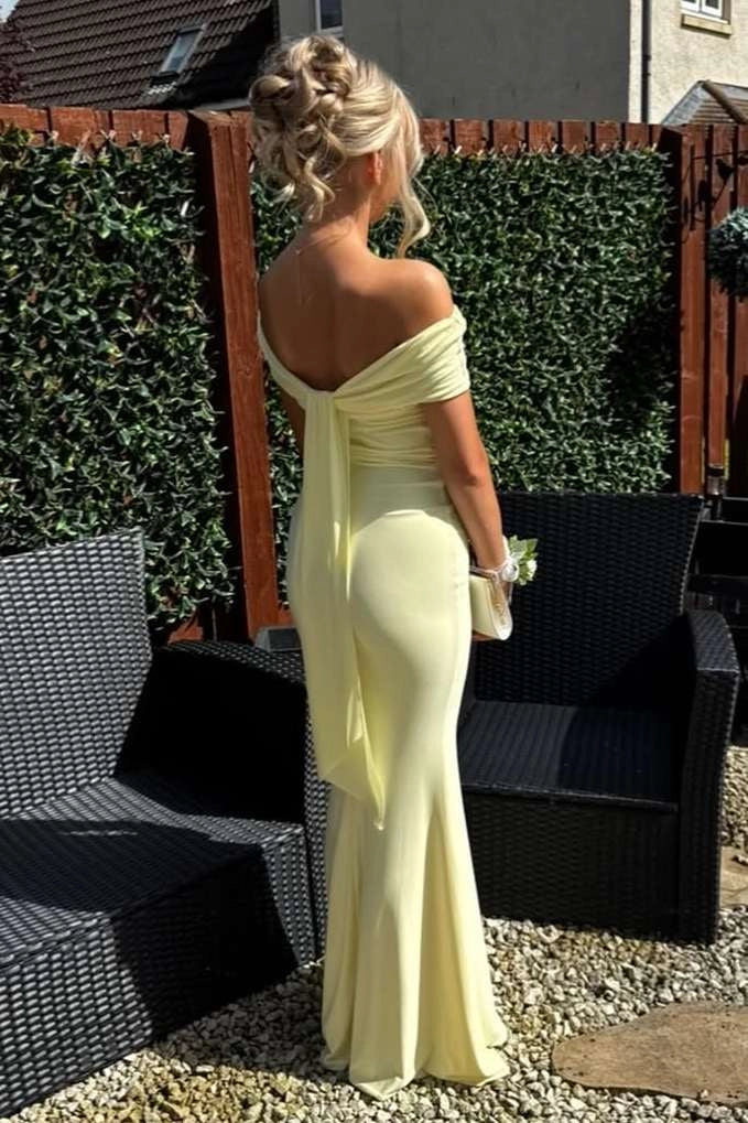 Light Green Jersey Mermaid Off Shoulder Draped Back Floor-Length Evening Dress