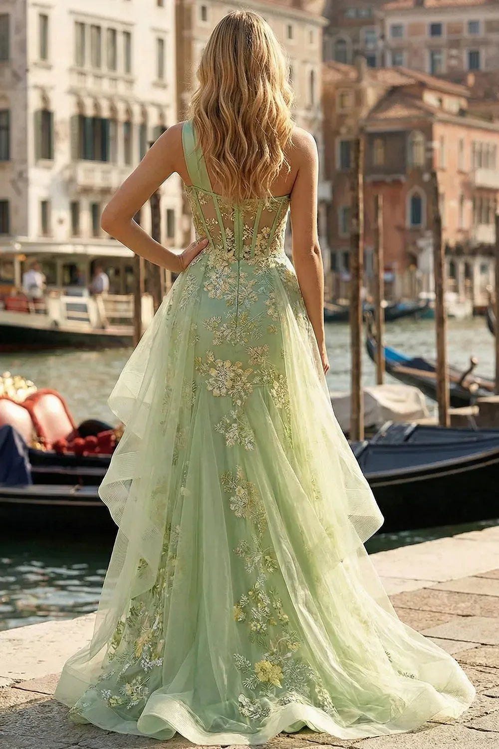 Romantic A-Line One Shoulder Sleeveless Illusion Back Floor Length Prom Dress