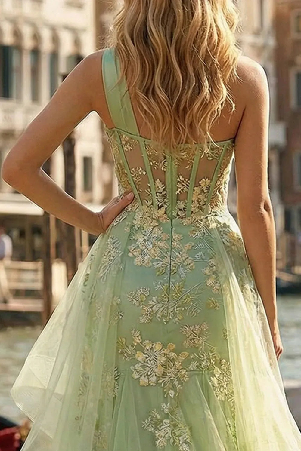 Romantic A-Line One Shoulder Sleeveless Illusion Back Floor Length Prom Dress