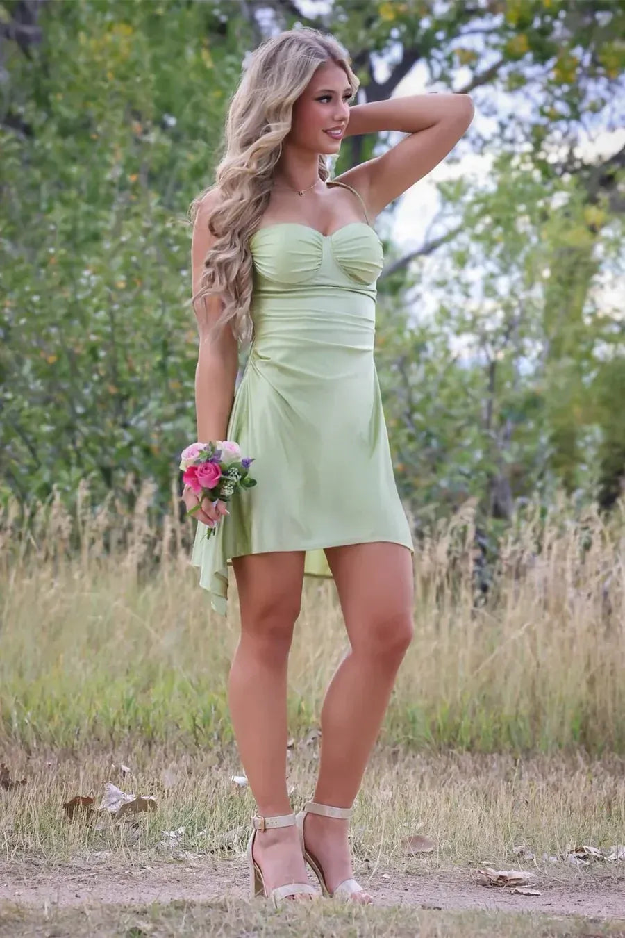 Loverlm light green mini homecoming dress with sweetheart neckline, spaghetti straps, ruched bodice, fitted waist and high-low A-line skirt