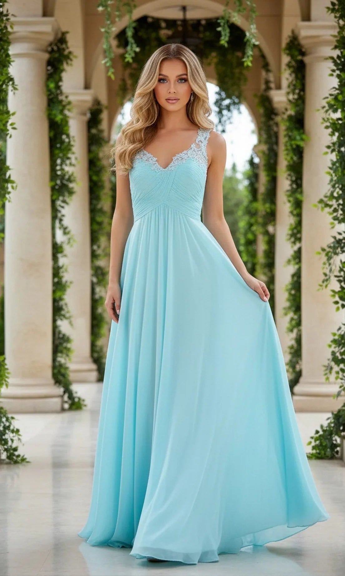 Light mint A-line chiffon bridesmaid dress with V-neckline, floral lace applique straps, ruched bodice and flowing floor-length skirt by Loverlm