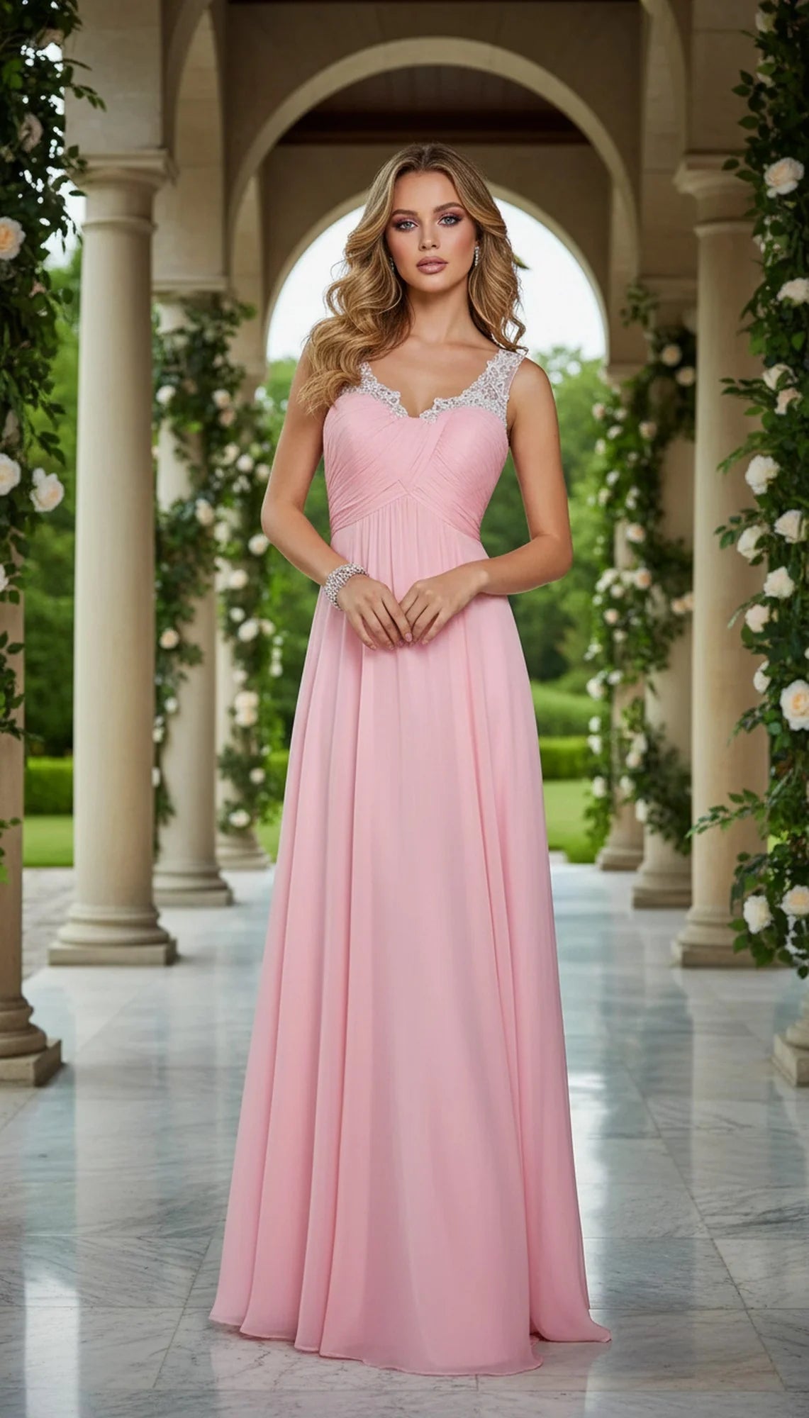 Romantic A Line V Neck Sleeveless Chiffon Floor Length Prom Dress