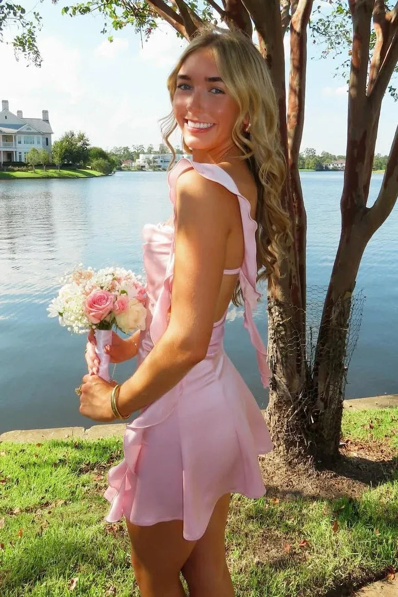 Charming Sheath Sweetheart Sleeveless Backless Asymmetric Mini Pink Homecoming Dress