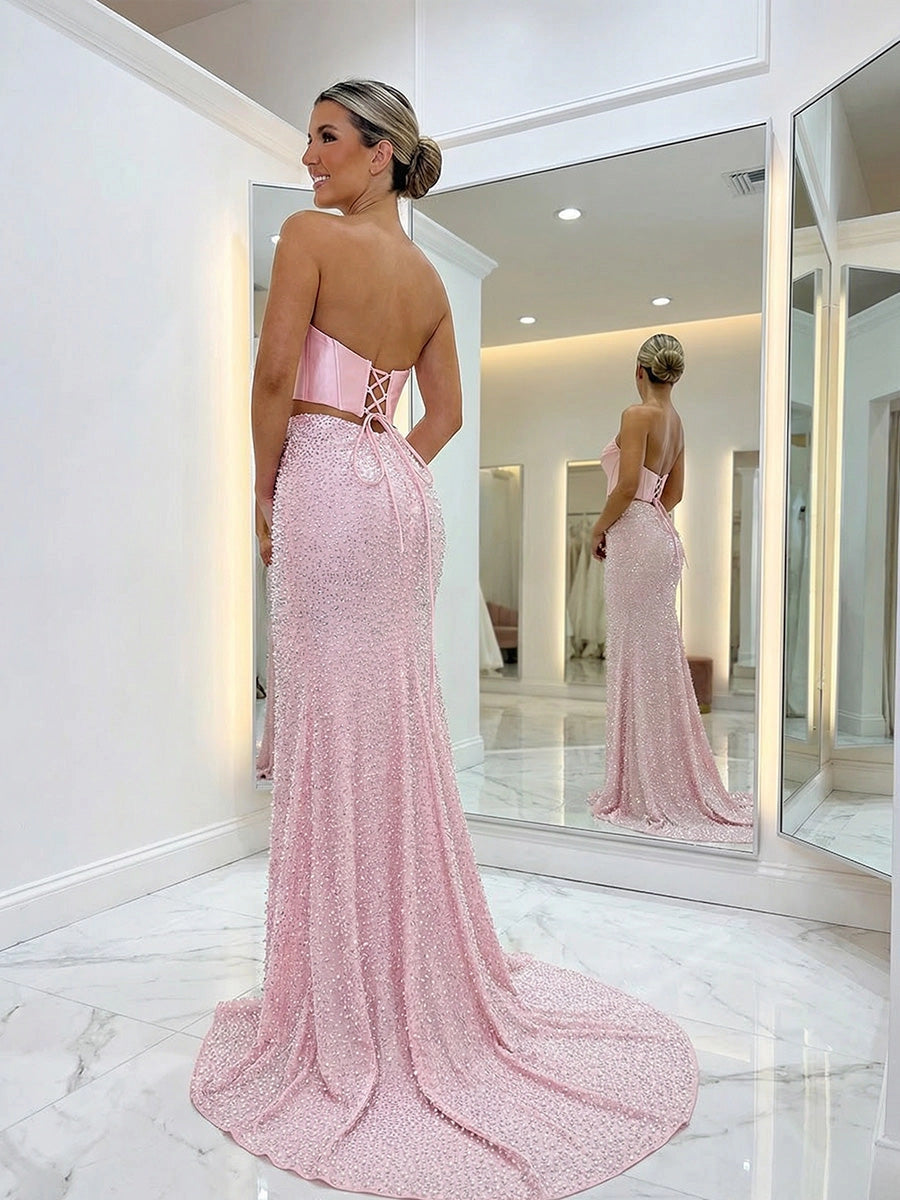 Glamorous Beaded Mermaid Halter Sleeveless Lace-Up Slit Floor-Length Prom Dress