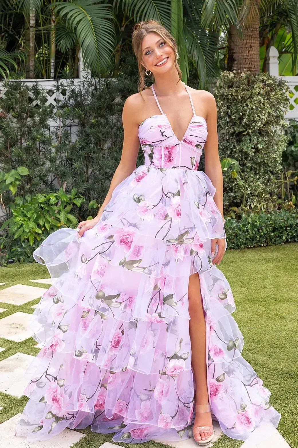 Gorgeous Organza A-Line Deep V Halter Corset Pearl Trim Tiered Prom Dress