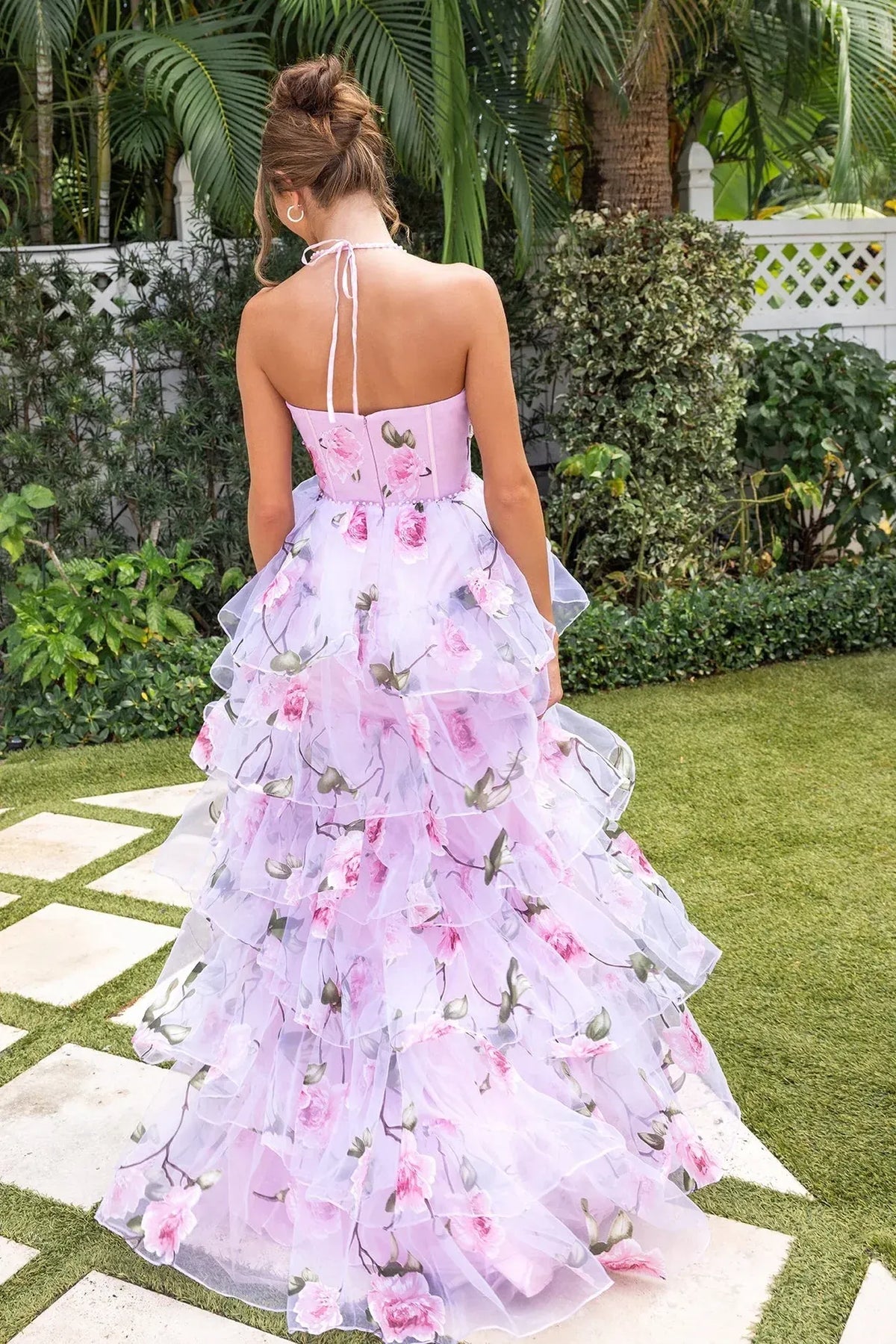 Gorgeous Organza A-Line Deep V Halter Corset Pearl Trim Tiered Prom Dress