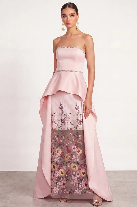 Loverlm light pink strapless A-line evening dress with jewel-trimmed neckline, sculptural peplum and floral embroidered front panel
