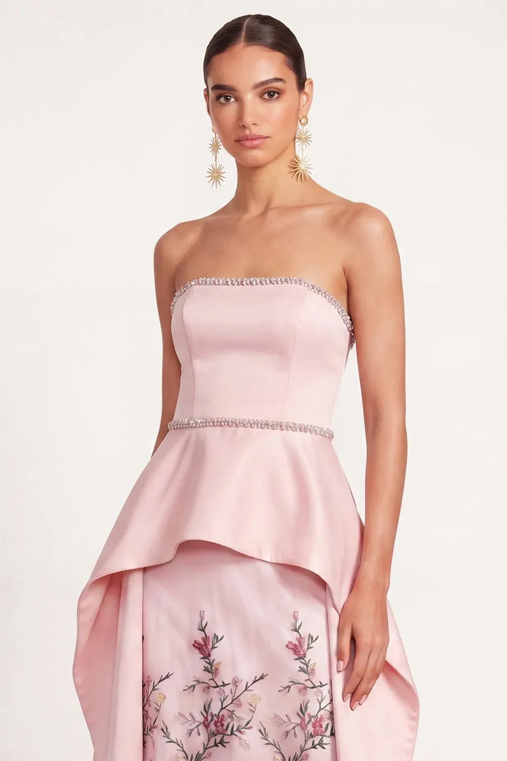 Elegant Floral A-Line Straight-Neck Strapless Zipper-Back Peplum Floor-Length Evening Dress