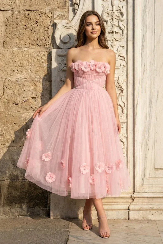Loverlm light pink floral tulle A-line homecoming dress with strapless bodice and tea length skirt front view