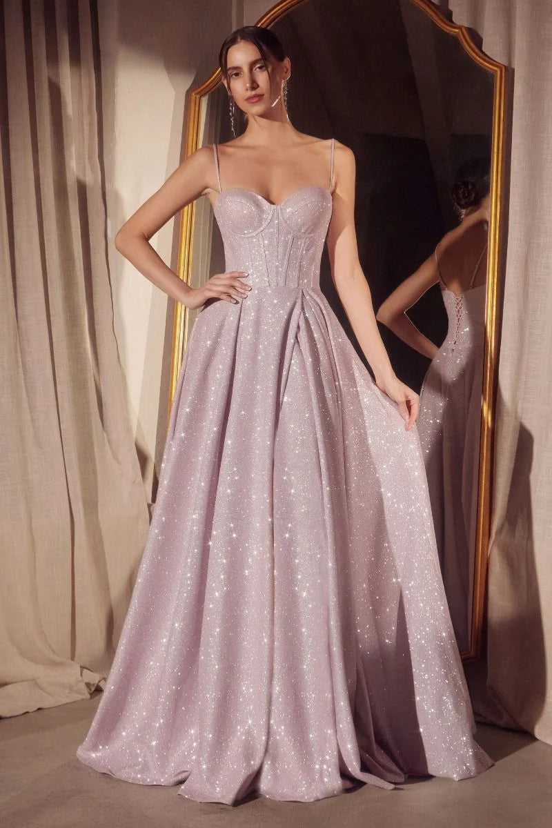 Loverlm light pink glitter A-line prom dress with sweetheart neckline, spaghetti straps, corset bodice and flowing floor-length skirt front view
