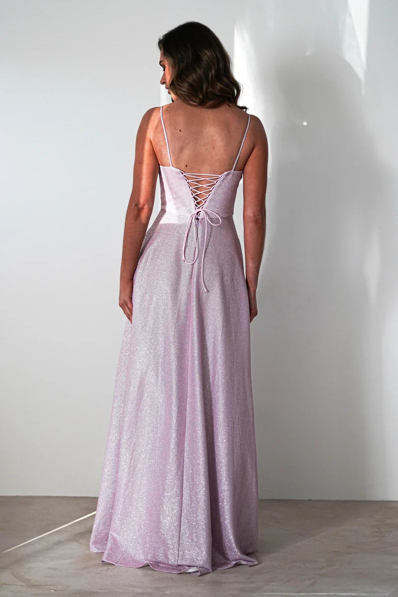 Romantic A-Line Sweetheart Spaghetti Strap Lace-Up Back Floor-Length Glitter Prom Dress