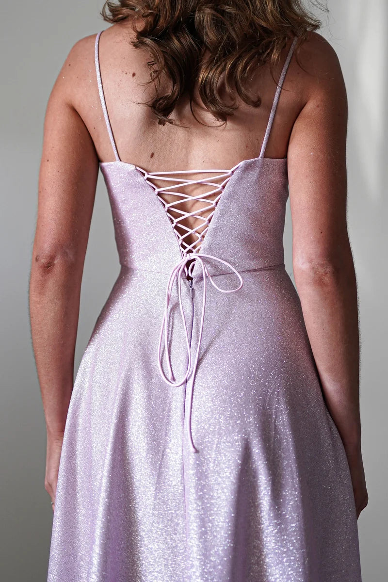 Romantic A-Line Sweetheart Spaghetti Strap Lace-Up Back Floor-Length Glitter Prom Dress