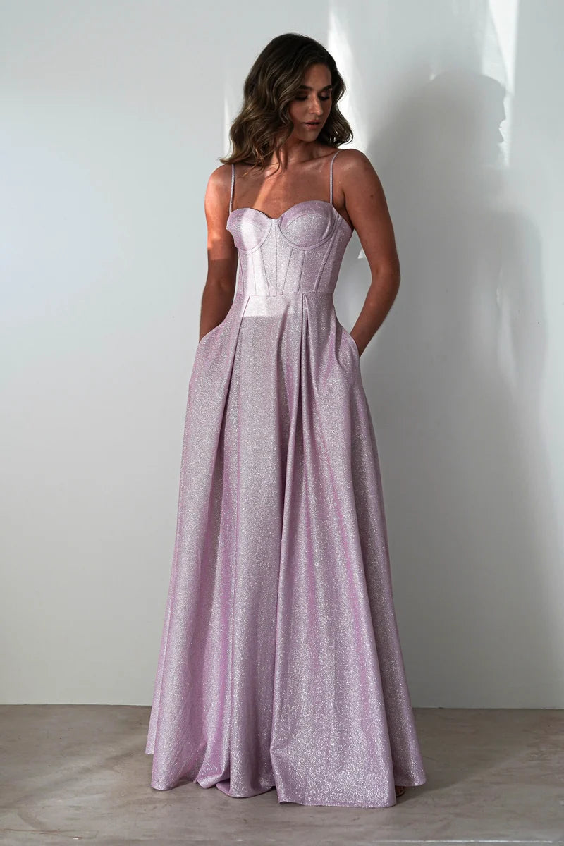 Romantic A-Line Sweetheart Spaghetti Strap Lace-Up Back Floor-Length Glitter Prom Dress