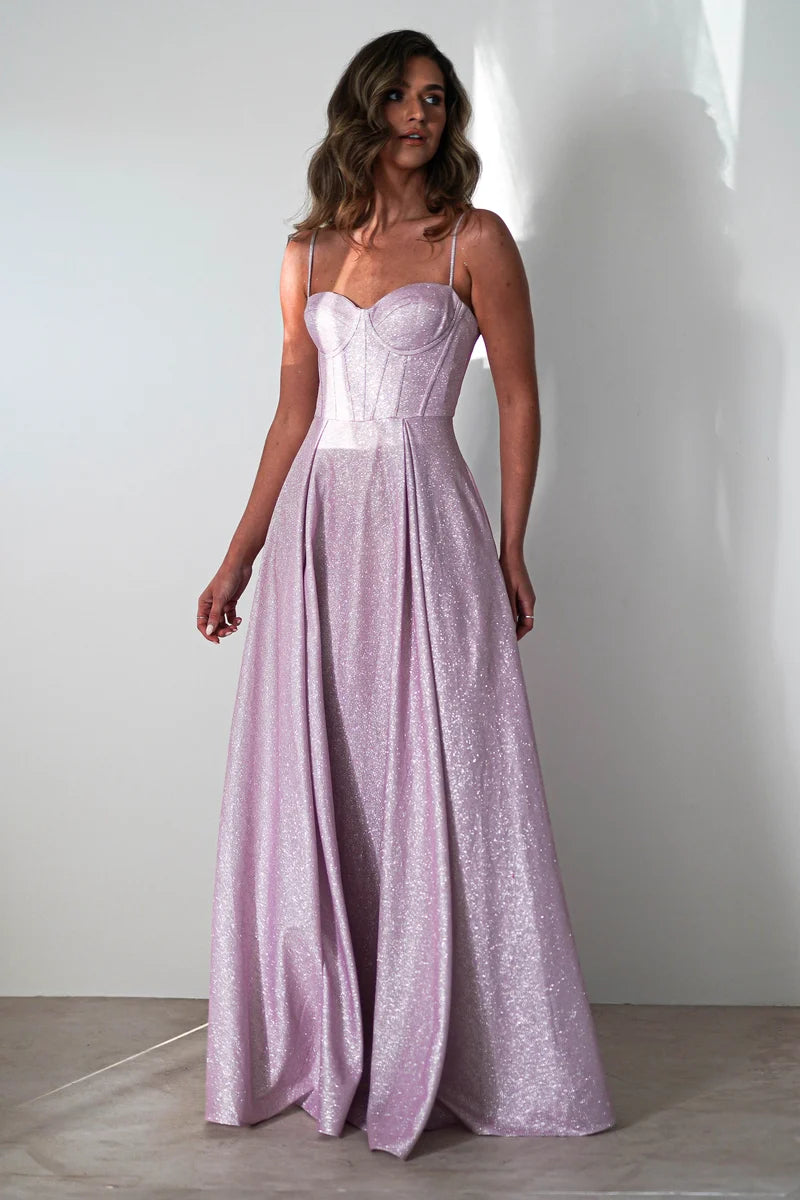 Romantic A-Line Sweetheart Spaghetti Strap Lace-Up Back Floor-Length Glitter Prom Dress