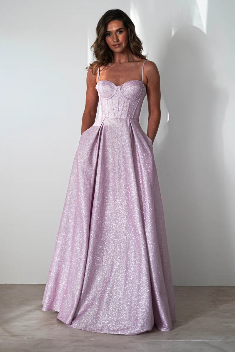 Romantic A-Line Sweetheart Spaghetti Strap Lace-Up Back Floor-Length Glitter Prom Dress