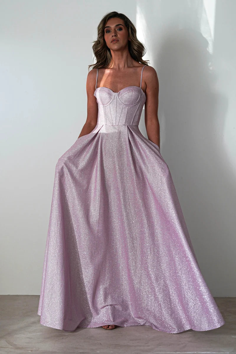 Romantic A-Line Sweetheart Spaghetti Strap Lace-Up Back Floor-Length Glitter Prom Dress