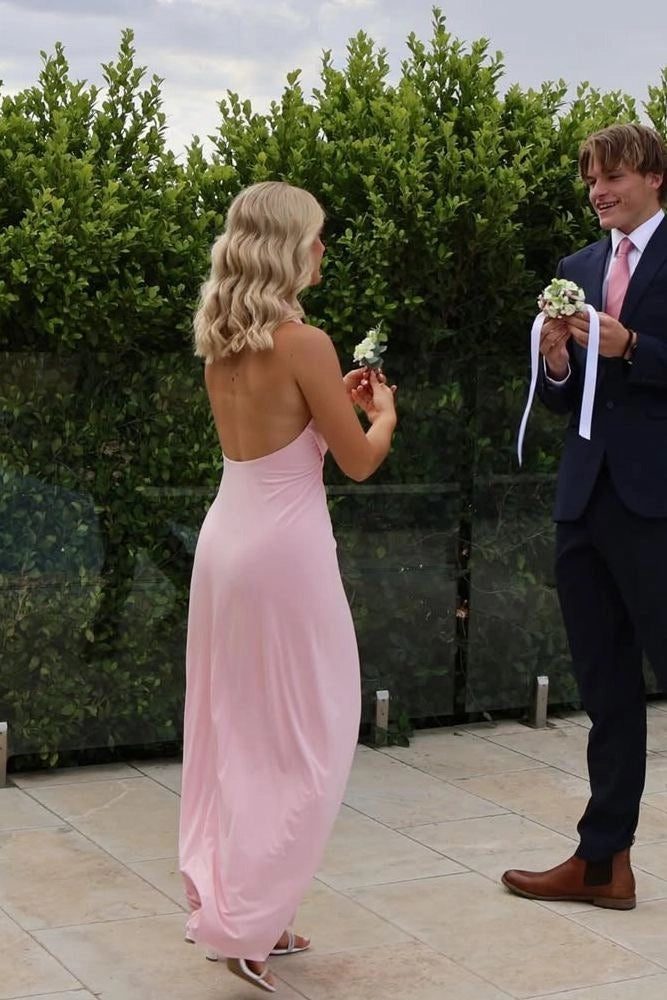 Elegant Sheath Halter Sleeveless Open-Back Draped Floor-Length Pink Prom Dress