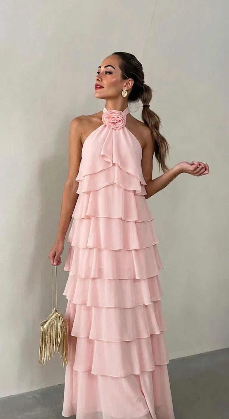 Romantic A-Line Halter Sleeveless Chiffon Floor Length Wedding Guest Dress