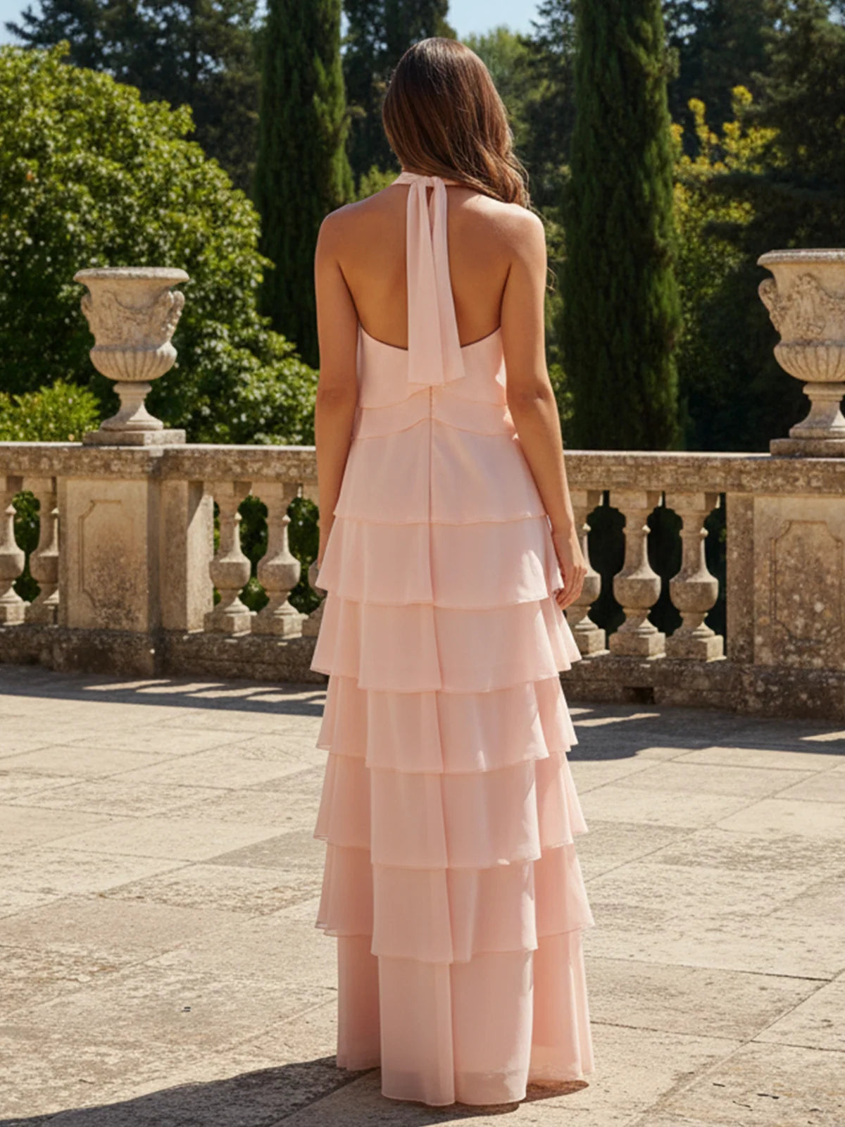 Romantic A-Line Halter Sleeveless Chiffon Floor Length Wedding Guest Dress