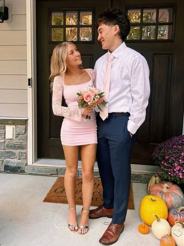 Romantic Bodycon Sweetheart Neck Lace Sleeve Fitted Mini Homecoming Dress