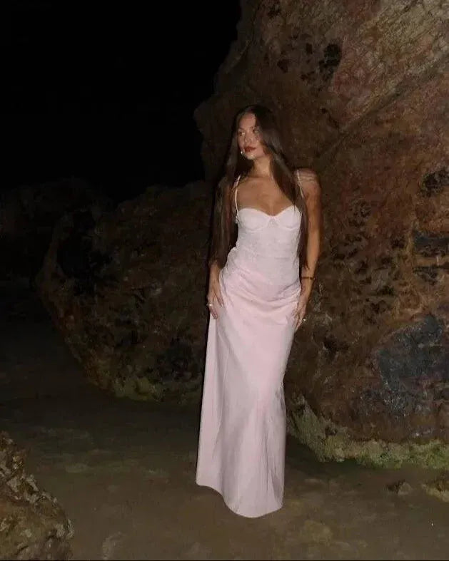 Loverlm light pink maxi dress with a sweetheart lace bodice, spaghetti straps and a softly draped satin sheath skirt.