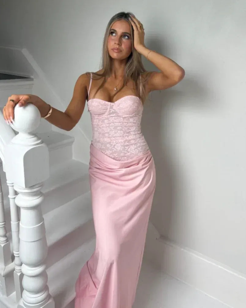 Romantic Lace Sheath Sweetheart Sleeveless Straight Back Maxi Wedding Guest Dress