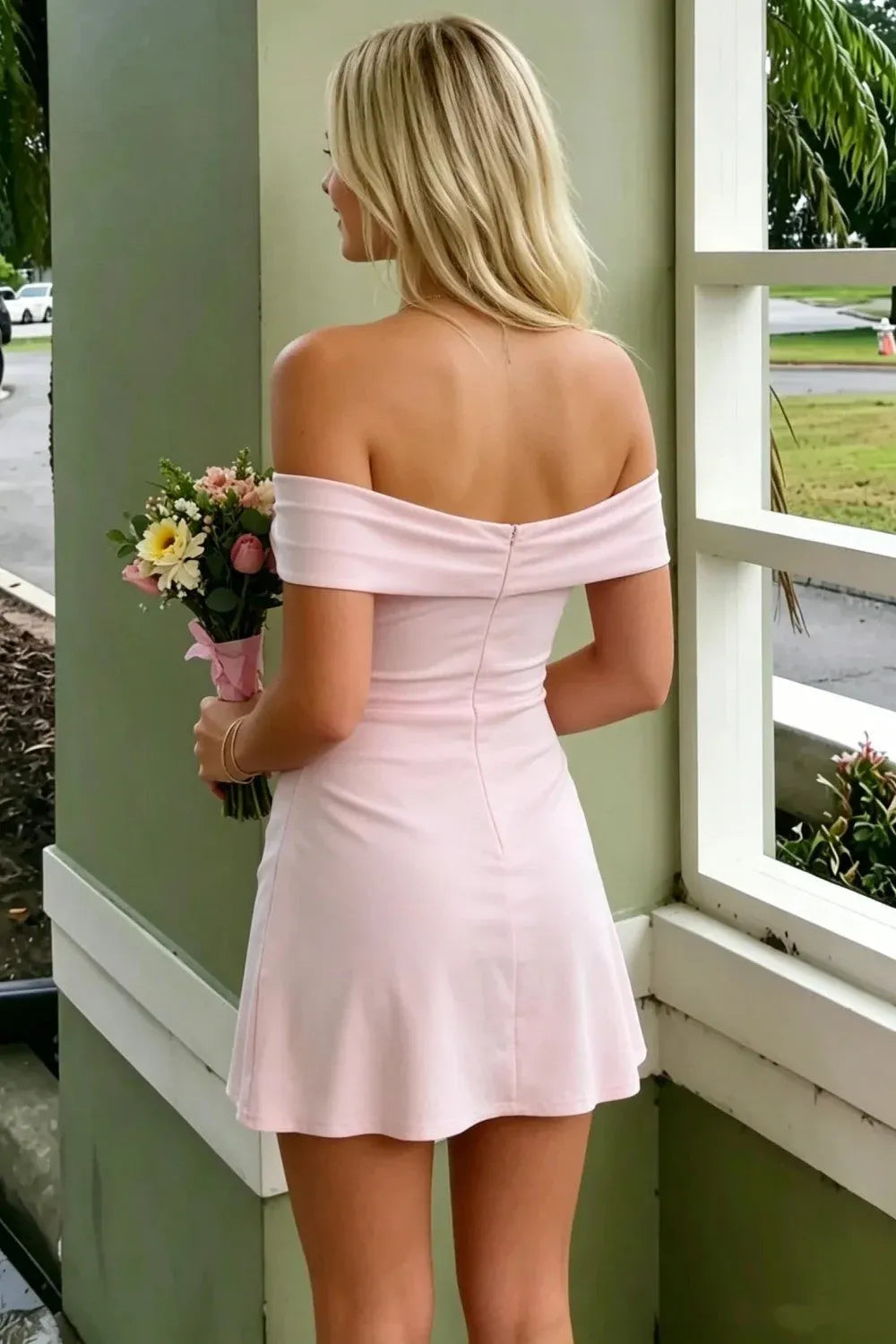 Elegant A-Line Off-Shoulder Ruched Zip Back Slit Mini Homecoming Dress