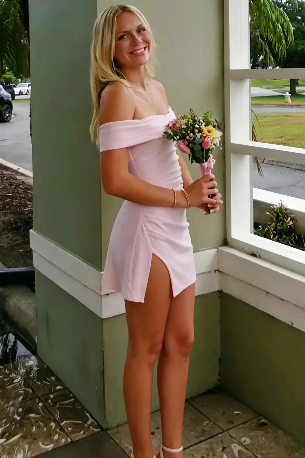 Elegant A-Line Off-Shoulder Ruched Zip Back Slit Mini Homecoming Dress