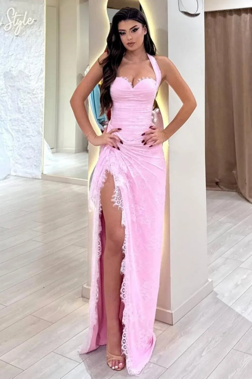 Loverlm Stunning Lace Mermaid Halter Ruched Corset Slit Long Prom Dress