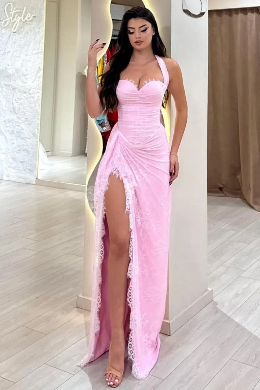 Loverlm Stunning Lace Mermaid Halter Ruched Corset Slit Long Prom Dress