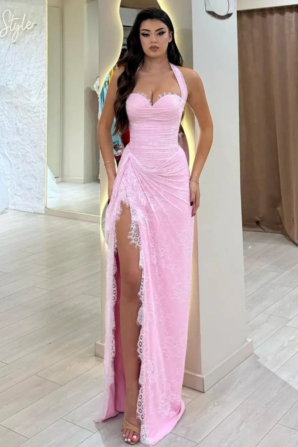 Loverlm Stunning Lace Mermaid Halter Ruched Corset Slit Long Prom Dress
