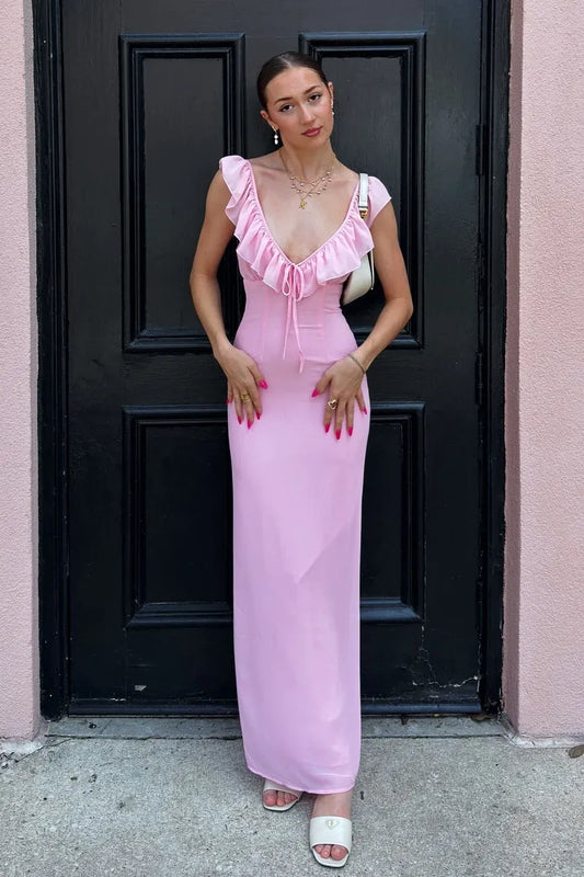 Loverlm light pink sheath prom dress with V-neck ruffle trim, sleeveless fitted bodice and floor length skirt front view