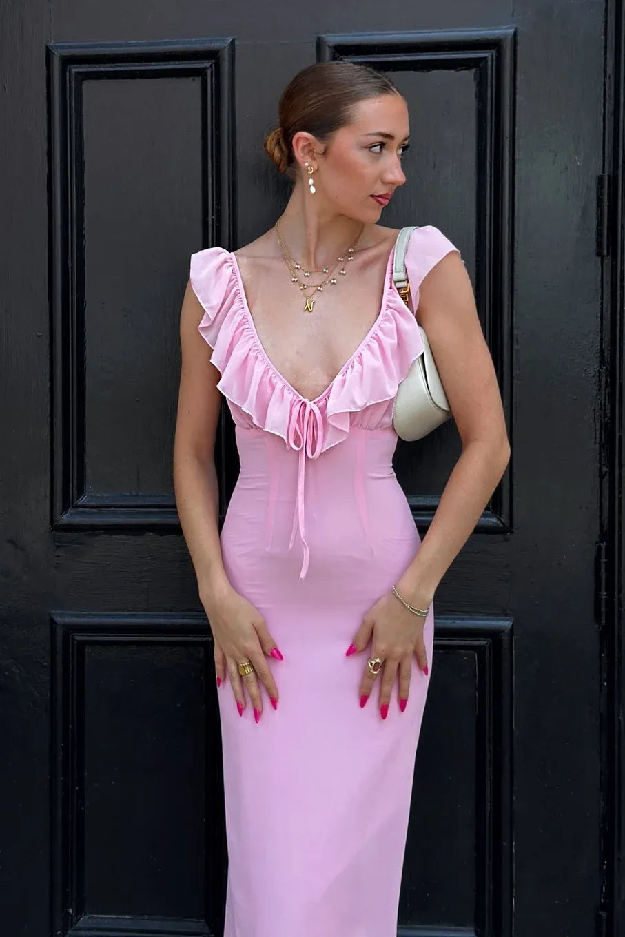 Romantic Sheath V-Neck Sleeveless Ruffled Floor-Length Formal Prom Dress