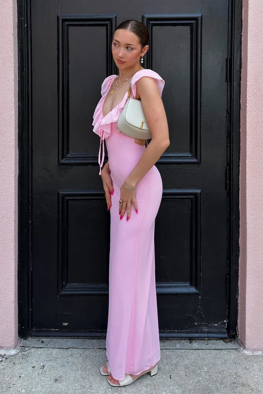 Romantic Sheath V-Neck Sleeveless Ruffled Floor-Length Formal Prom Dress