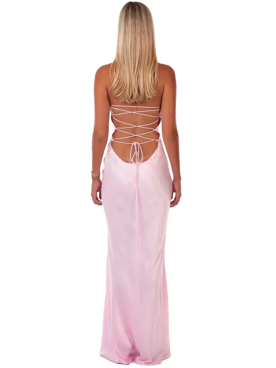 Romantic Beaded Satin Sheath Halter Sleeveless Lace Up Floor Length Prom Dress