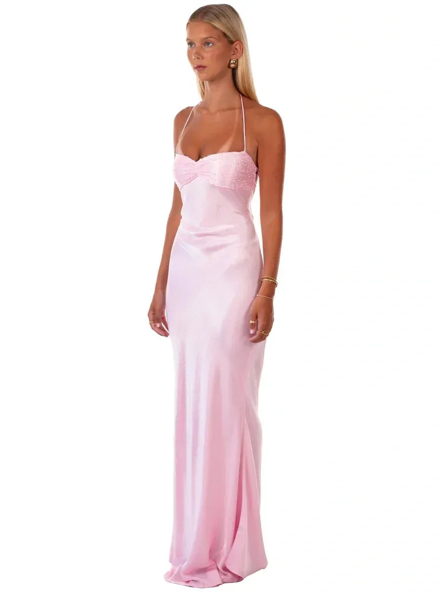 Romantic Beaded Satin Sheath Halter Sleeveless Lace Up Floor Length Prom Dress