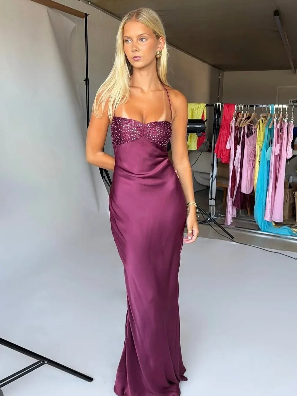 Romantic Beaded Satin Sheath Halter Sleeveless Lace Up Floor Length Prom Dress