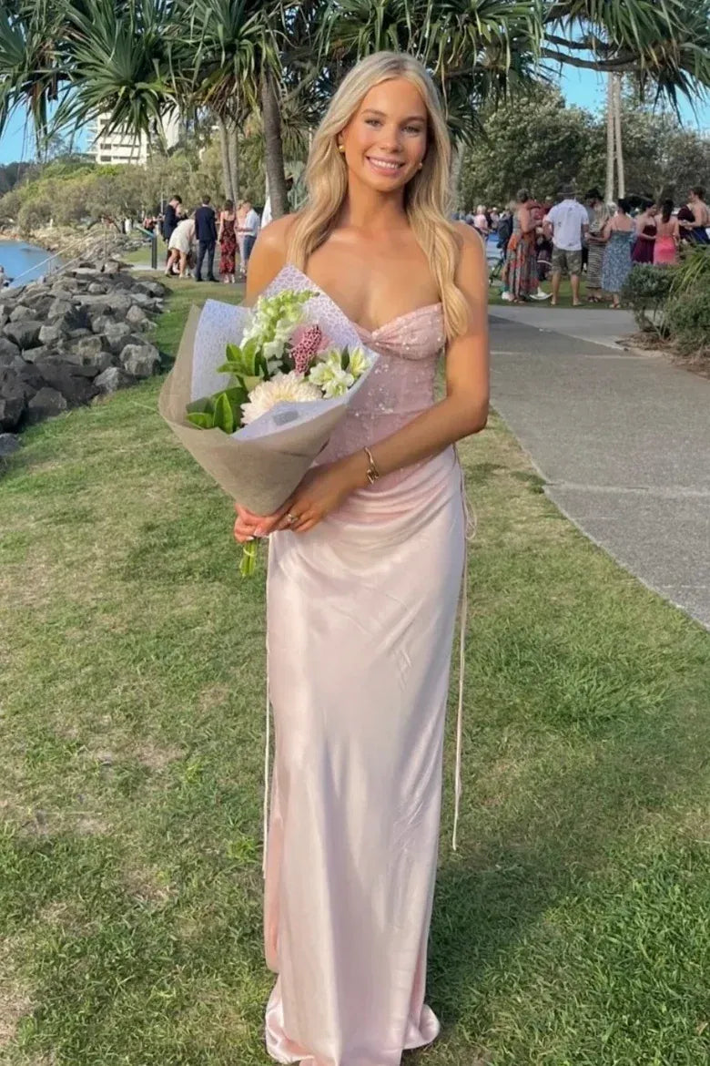 Romantic Satin Sheath Sweetheart Strapless Lace Up Draped Floor Length Prom Dress