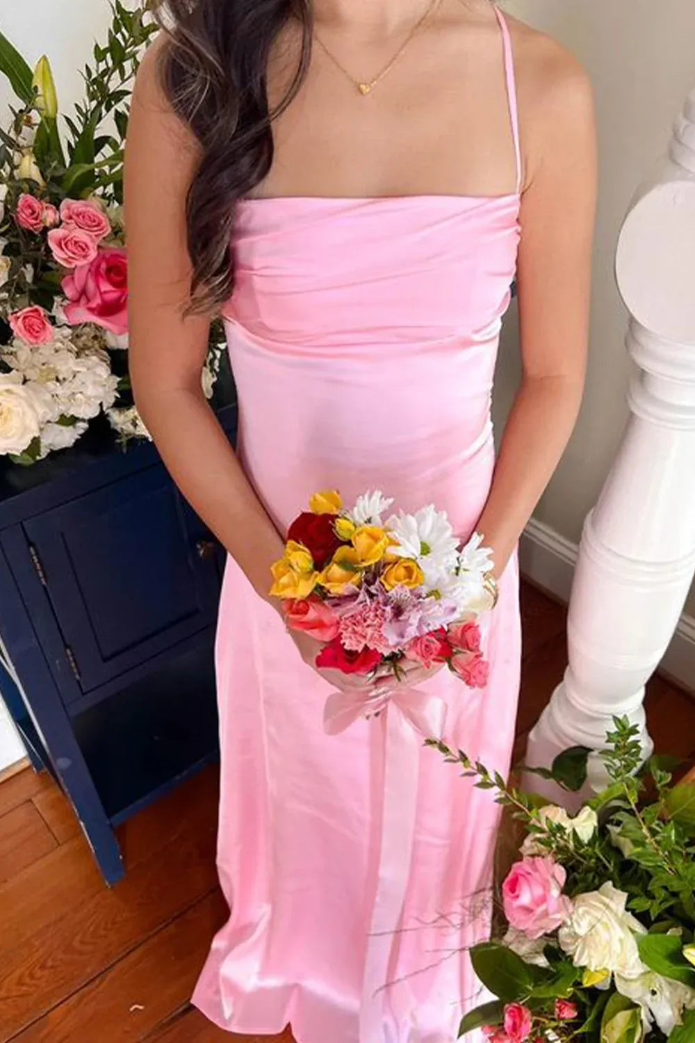 Romantic Satin Sheath Straight Neck Sleeveless Criss Cross Back Long Prom Dress