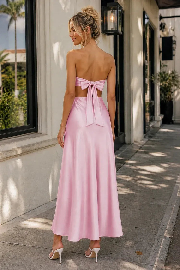 Romantic Satin A-Line Sweetheart Strapless Bow-Back Ankle-Length Homecoming Dress