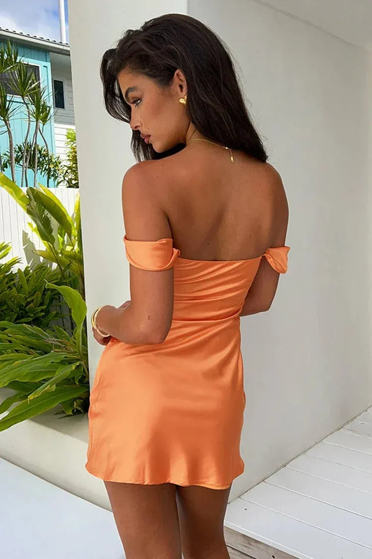 Elegant A-Line Draped Off-Shoulder Satin Fitted Back Mini Homecoming Dress
