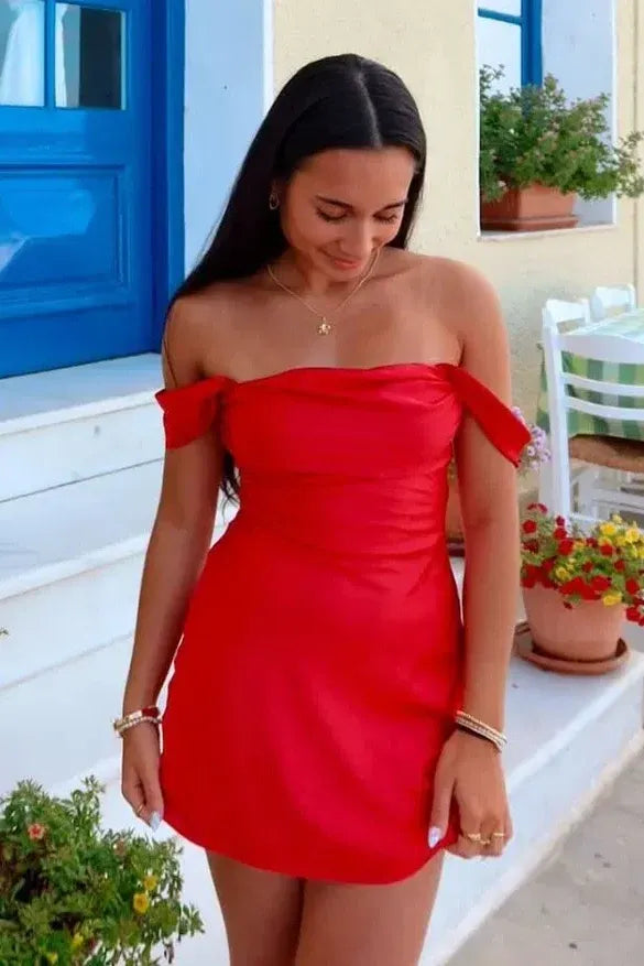 Elegant A-Line Draped Off-Shoulder Satin Fitted Back Mini Homecoming Dress