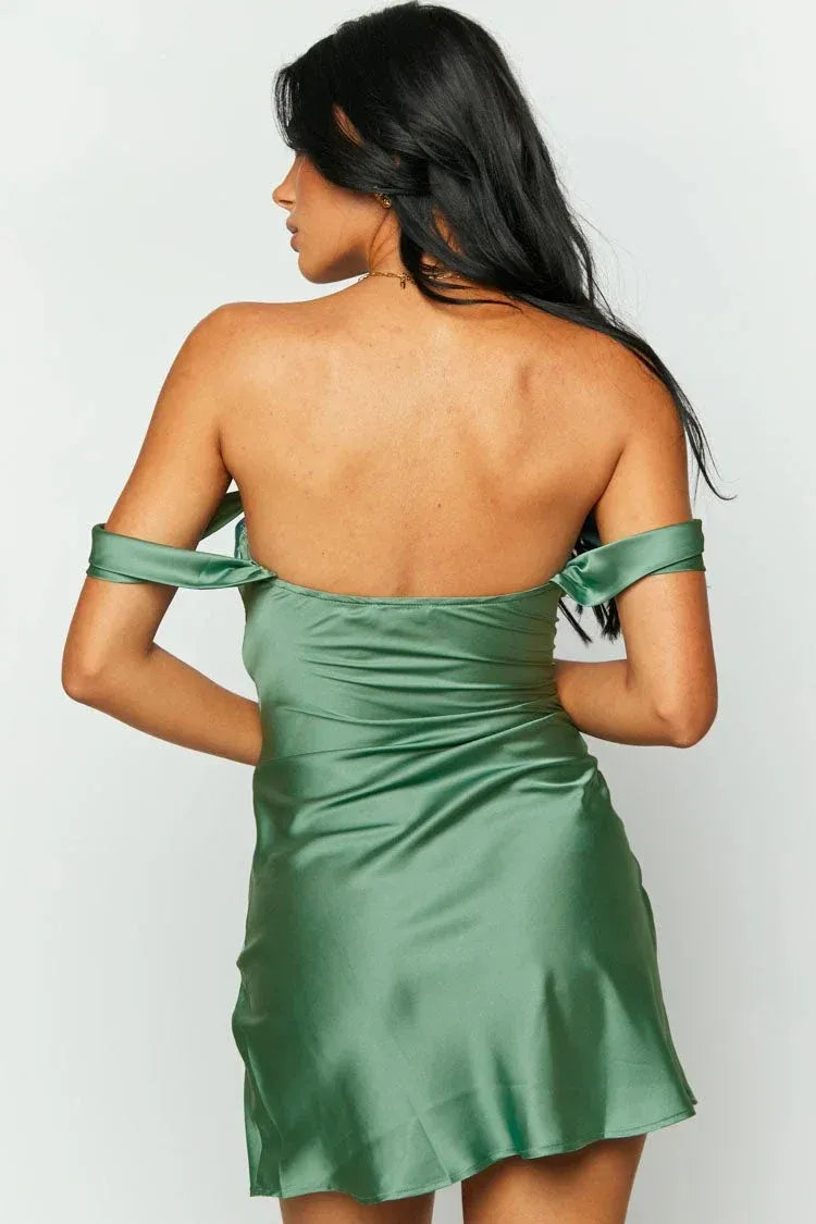 Elegant A-Line Draped Off-Shoulder Satin Fitted Back Mini Homecoming Dress