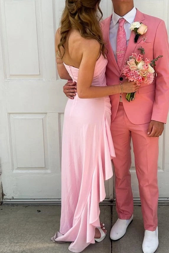 Loverlm Elegant Light Pink Satin Sheath Strapless Open-Back Side-Slit Floor-Length Prom Dress