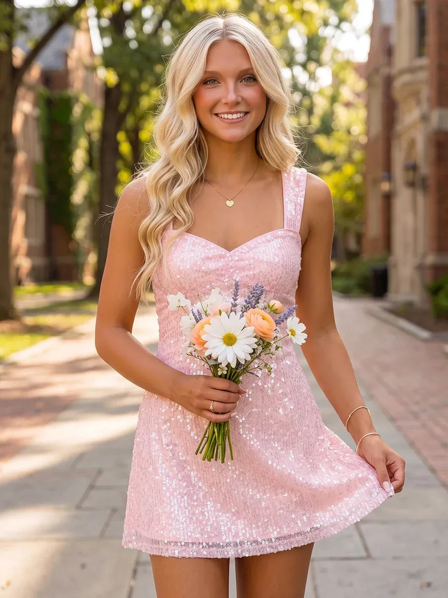 Loverlm light pink sequin mini homecoming dress with sweetheart neckline, wide straps and flared A-line skirt front view