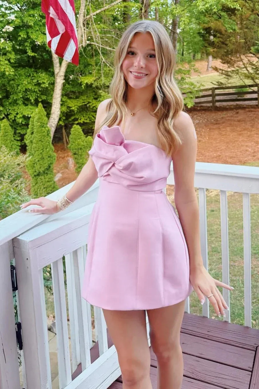 Cute A-Line Strapless Bow Ruched Mini Homecoming Dress