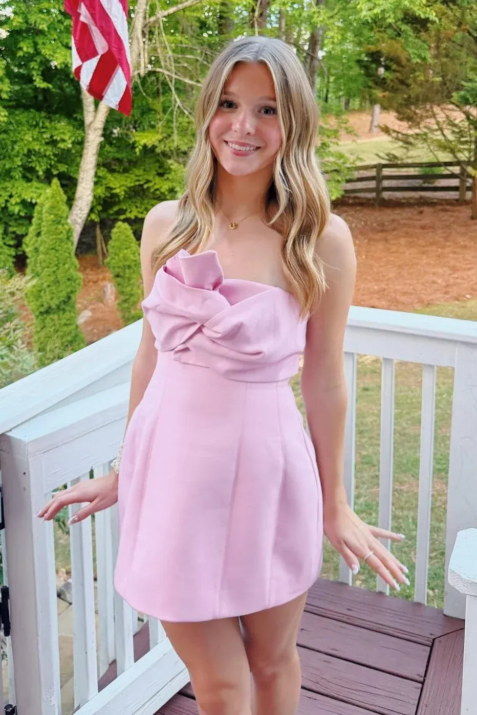 Cute A-Line Strapless Bow Ruched Mini Homecoming Dress