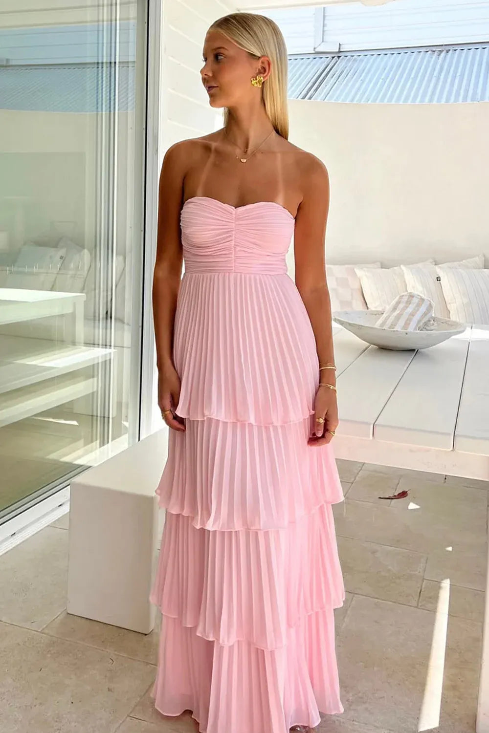 Romantic Chiffon A-Line Sweetheart Strapless Zipper Back Floor Length Wedding Guest Dress